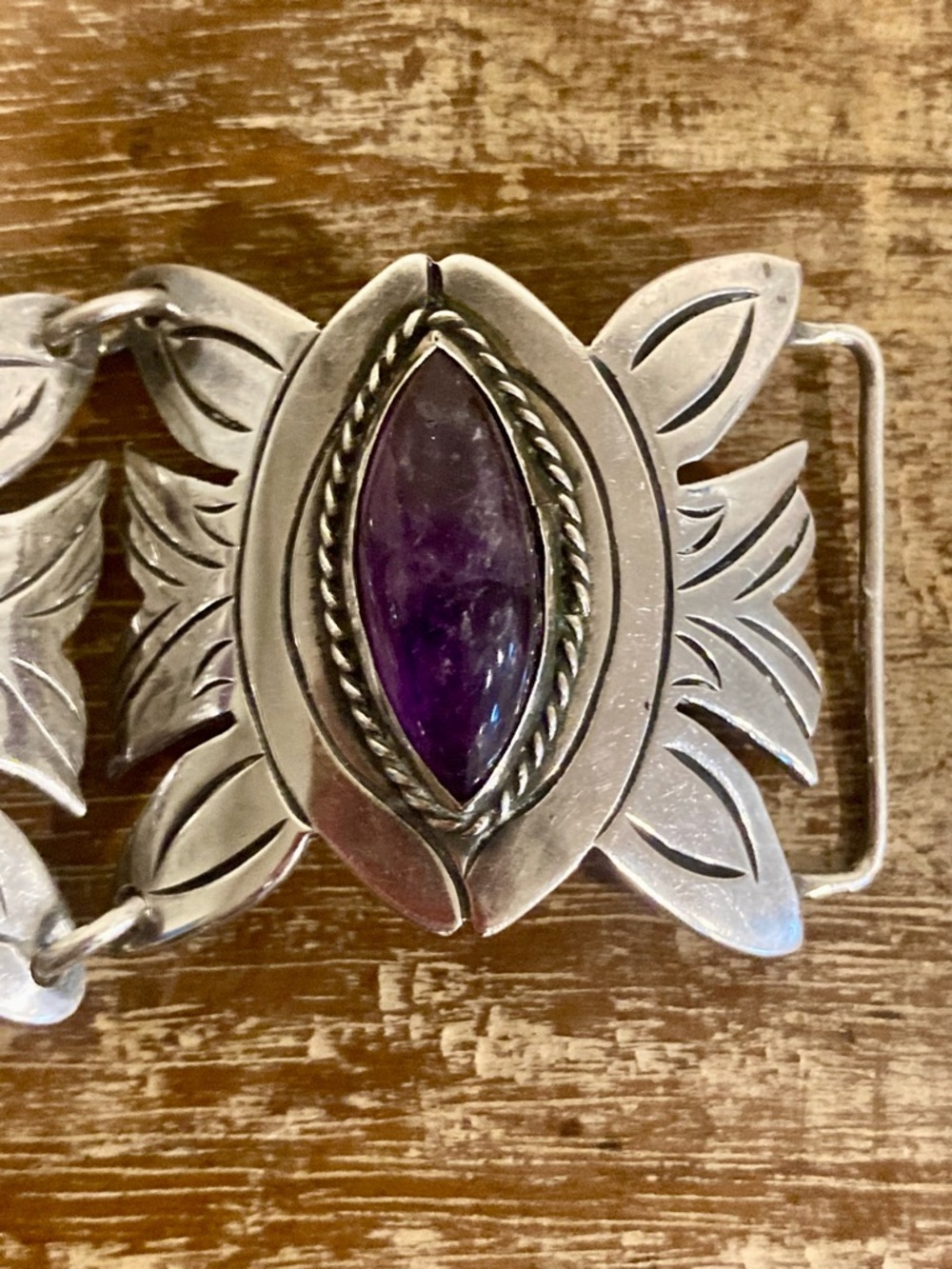 Vintage Mexican Silver & Purple Panel Bracelet • 83g • Handcrafted Boho Style - Picture 13 of 16